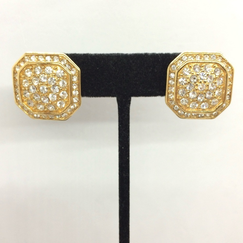 VINTAGE MONET EARRINGS SQUARE PAVE RHINESTONES GOLD TONE PIERCED BLING 80S 90S